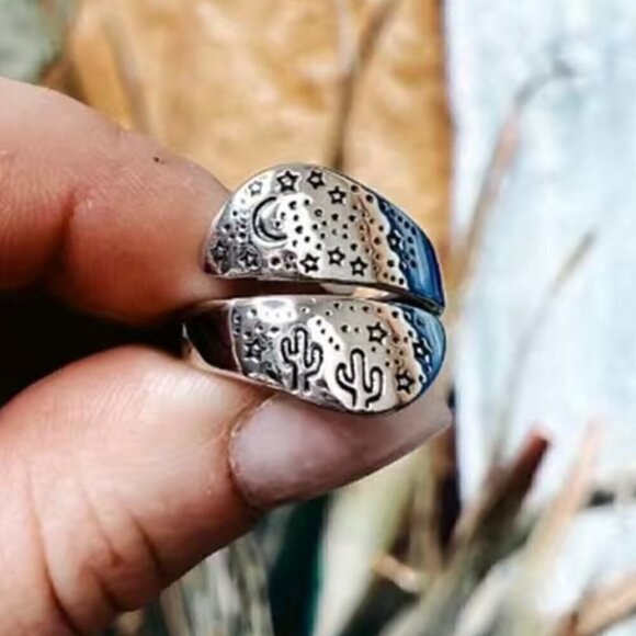 Boho Desert Cactus Moon Stars Spoon Ring #770 - Picture 1 of 5